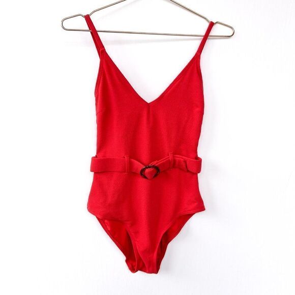 New Look Red Belted V Neck One Piece Swimsuit Large - Picture 3 of 9